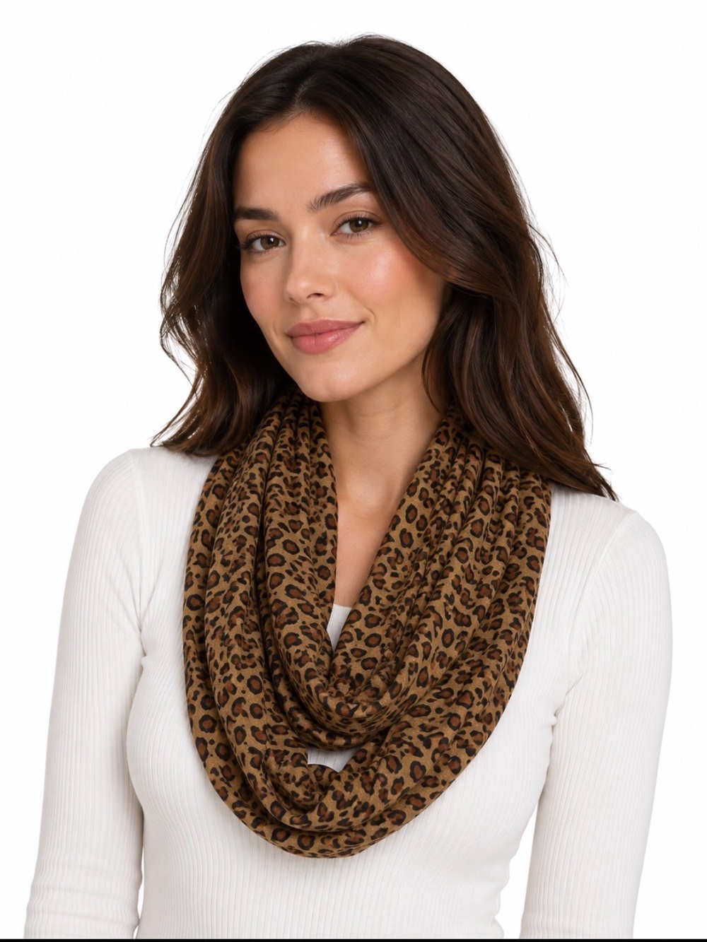 Leopard Print Infinity Scarf - Brown/black lightweight fabric animal print